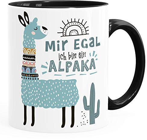 SpecialMe® Kaffeetasse Spruch Mir egal ich bin ein Alpaka - Alpaka-Motiv Lama Geschenk Alpaka-Liebhaber Bürotasse Türkis Inner-Schwarz Keramik-Tasse
