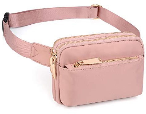 UTO Gürteltasche Damen wasserdichte Nylon Fashion Slim Leichte Hüfttasche für Frauen mit 3 Reißverschlusstaschen Nylon Rosa