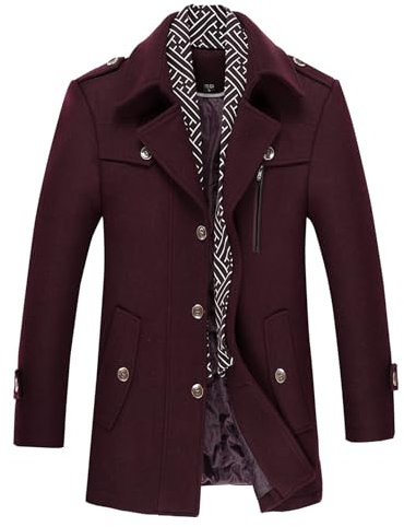 Allthemen Mens Winter Wool Trench Coat Scarf Collar Warm Coat Jacket Casual Mid Length Overcoat Wine XXL