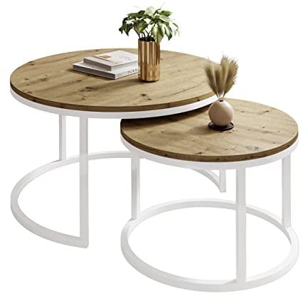lukmebel Couchtisch rund - CIRI 2in1 - Beistelltisch rund - Kaffetisch - Industrial Deko - Deko Wohnzimmer - Kleiner Beistelltisch - Sofatisch - Kleiner Tisch - Weiß, Artisan Eiche