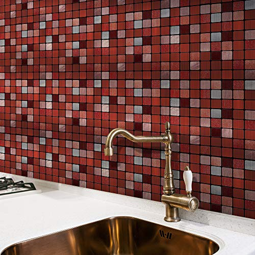Alwayspon Wall Tile Transfers Sticker for Home Decor, Peel & Stick self-Adhesive splashback, Tile Decals for Living Room Kitchen Bathroom Decor, 25 Pieces Red Metallic Mosaic Tile Sticker