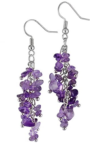 KYEYGWO Amethyst Heilung Kristall Ohrringe für Damen, Stein Baumeln Haken Ohrrings Trommelsteine Ohrhänger Quarz Edelstein Ohrschmuck Stilvoll Scmuck für Frauen