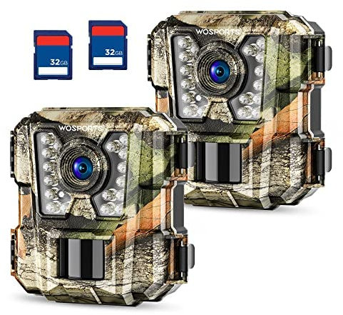 WOSPORTS Mini Tracking Camera, 2 Pack 24MP 1080P HD Game Hunting Camera with 32GB SD Cards, Small Waterproof Night Vision Camera for Outdoor Wildlife Surveillance