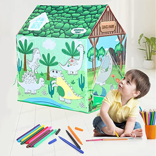 Kinder Spielzelt Dinosaurier Faltbares Zelt Schlossspielzeug Waschbares DIY-Graffiti-Zelt mit Farbstiften Tragbare Castle Kinderspielhaus Tent für Drinnen & Draußen Spielhaus Garten Kinderzimmer