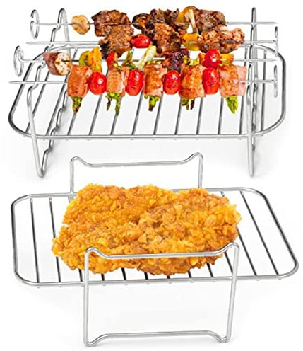 Keyohome 2PCS Air Fryer Double Layer Grilling Rack with 4 Skewers, Multi-purpose Double Air Fryer Accessories, Stainless Steel for Barbecue, Roasting Oven (Silver, A)
