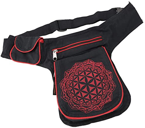 GURU SHOP Stoff Sidebag & Hüfttasche `Flower of Life`, Boho Gürteltasche, Bauchtasche aus Nepal - Schwarz/rot, Unisex - Erwachsene, Baumwolle, 20x15x4 cm