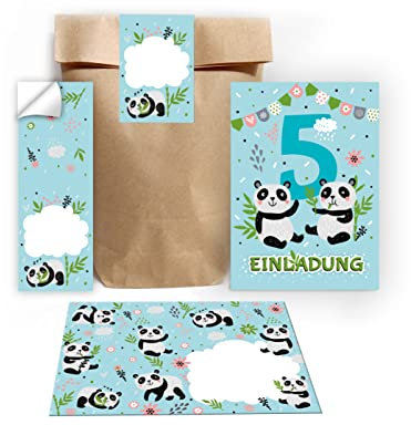 12 Einladungskarten zum 5. Kindergeburtstag fünfte Geburtstag Mädchen Jungen Panda incl. 12 Umschläge, 12 Tüten/natur, 12 Aufkleber