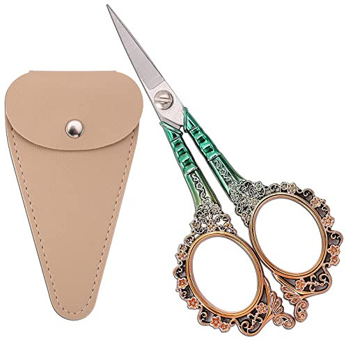 HITOPTY Ciseaux de couture aiguisés avec fourreau, ciseaux d'artisanat pour travaux d'aiguille, travaux d'art, enfilage, point de croix, artisanat, 11,4 cm, ciseaux dorés et verts