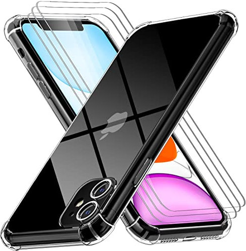 Giolus 4-in-1 Case for iPhone 11 with 3 Pack Screen Protector, Crystal Clear Shockproof Phone Case with Built-in Camera Lens Protector, Soft TPU Bumper Anti-Scratch Silicone Cover