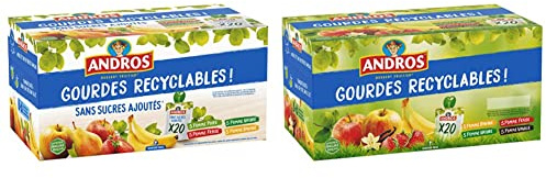 ANDROS - Compote de Fruit - Gourde Recyclable - Sans Sucre Ajouté - Lot de 20 & Compote de Fruit - Gourde Recyclable - Allégée - Goût Pomme + Pomme/Banane + Pomme/Fraise + Pomme/Vanille - Lot de 20