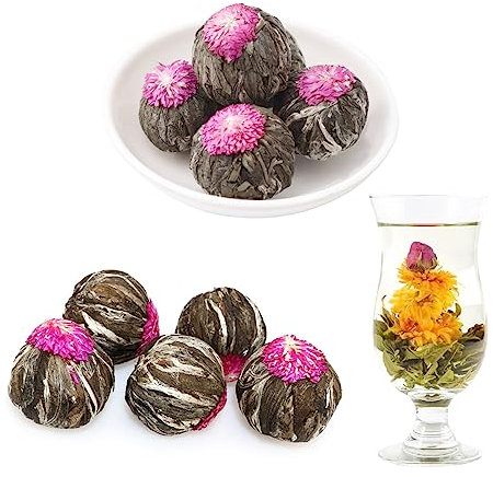SKYPRO Lot de 16 boules de thé en fleurs différentes - Boules de thé à fleurs scellées individuellement - Feuilles de thé vert naturel nouées à la main et fleurs comestibles