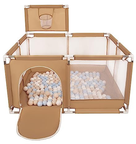 Selonis Parc Bébé Avec 100 Balles Plastiques Aire De Jeu Pliable Basket, Beige : Beige Pastel/Bleu Pastel/Blanc