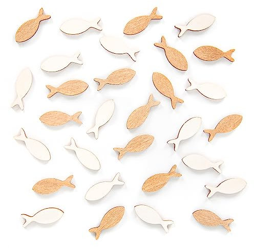 Logbuch-Verlag 30 kleine Fische mini 2,5 cm Kommunion Natur weiß aus Holz Streudeko Tischdeko Taufe Konfirmation