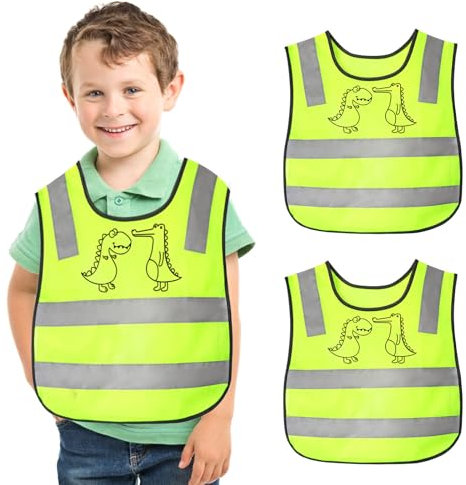 RoxNvm Kinderwarnweste 3-6 Jahre, 2 Stücke Warnweste Kinde, Sicherheitsweste Kinder, warnwesten Auto, Reflektorweste für Den Schulweg, Radfahren, Straßenverkehr(Dinosaurier)