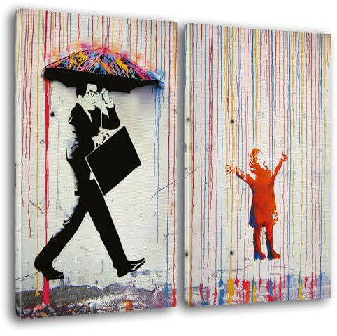 Giallobus - Große Gemälde im XXL-Format - Banksy - Street Art – Regen der Farben - Leinwand - 144x100cm | 2pcs. x 70x100cm - Moderne Gemälde für zu Hause
