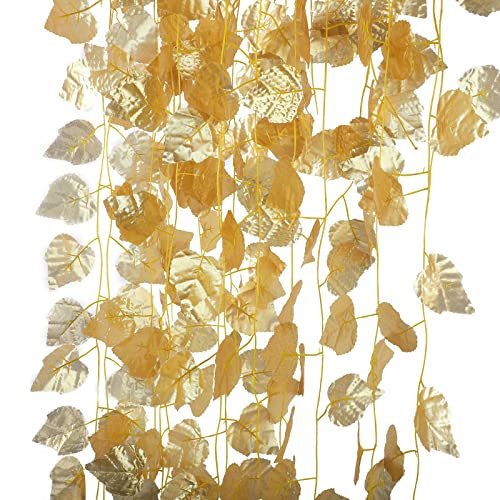 Feuilles de Raisin Dorées Artificielles, Lierre Artificiel, Fausse Guirlande Suspendue, Lierre Doré, Chaque Vigne A 30 Feuilles, Décoration Murale de Jardin, de Maison, de(Feuille de Vigne dorée)