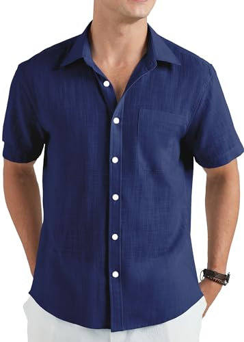 HISDERN Mens Shirts Short Sleeve Navy Blue Linen Shirt with Pocket Button Down Casual Beach Regular Fit 3XL