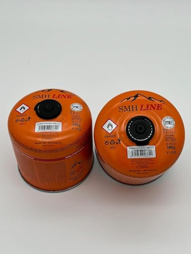 SMH LINE® 2x 500g Butan Schraubkartusche Universalgewinde 7/16 Gaskartuschen Ventilkartusche EN 417 Gewinde Ventil Bunsenbrenner Propan Mix Campingkocher Gaskocher Gasheizung Lötbrenner