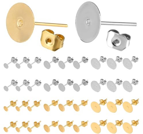 Lot de 600 paires/1200 boucles d'oreilles en acier inoxydable - 4/6/8 mm - Rondes plates - Avec fermoirs pour boucles d'oreilles - Pour la fabrication de bijoux