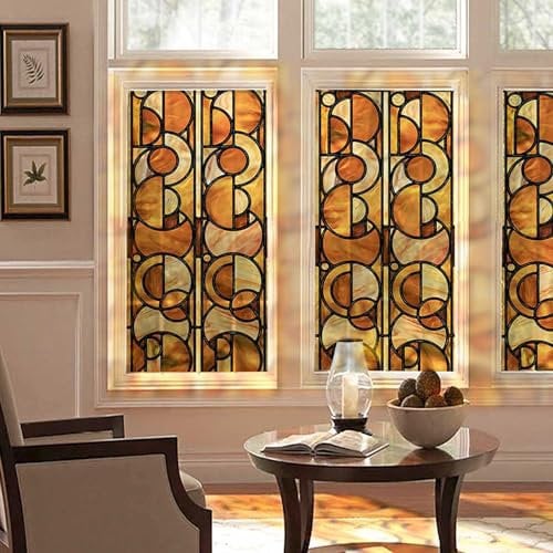 ChicSkin Película decorativa para ventana de vidrieras dibujadas a mano, película de privacidad de doble cara para ventana, círculos geométricos vintage, decoración geométrica transparente para