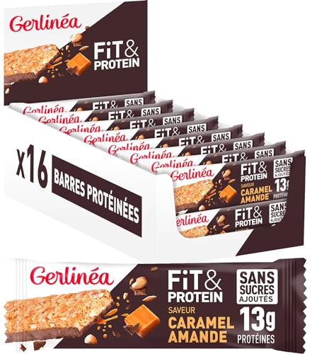 Gerlinéa Fit&Protein - Barres Protéinées saveur Caramel Amandes - Sans Sucres Ajoutés - 13 gr protéines par barre de 45g - Protéines Après le Sport - 16 barres