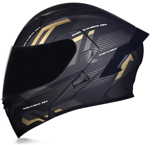 Woljay Full Face Flip Up Motorcycle Modular Helmet Integrated Motorbike Dual Visor for Adults Men Women Moped Street Racing DOT Approved (M,Count Black Gold - Smoke Visor)