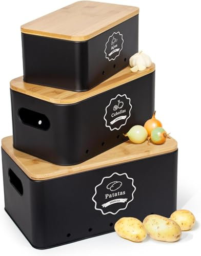 Madera Nieve Caja de almacenamiento de patatas, juego de 3 recipientes, almacenamiento de cocina para patatas, cebollas y ajos, Juego de tarros para patatas, cebollas y ajos-para mantener más frescos