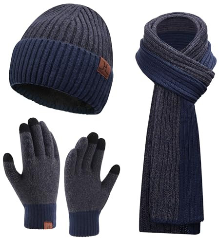 Herren Winter Warm Beanie Mütze Lange Schal und Touchscreen Handschuhe Set mit Fleece Gefüttert Wintermütze Strickmütze Rutschfeste Winterhandschuhe Schals Geschenk für Männer, Marineblau