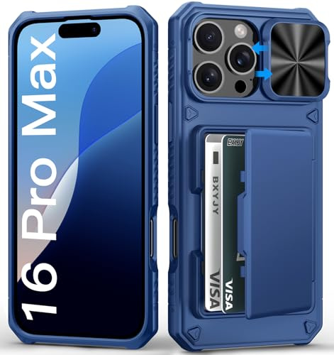 BXYJY Coque pour iPhone 16 Pro Max avec porte-cartes (4 à 5 cartes), housse d'appareil photo coulissante et protection de qualité militaire, coque portefeuille résistante aux chocs pour homme et femme
