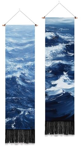 PLIGREAT 2er Pack Ozean Meer Wandteppich Blau Schmal Vertikal Hängend mit Quasten Ölgemälde Ozean Wandbehang für Schlafzimmer Badezimmer Wohnzimmer Lange Wandbehang Home Art Decor Einweihungsgeschenk