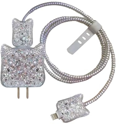 Cute Cable Protector Cover for iPhone Charger,Shiny Glitter Data Line Cable USB Wire Saver Kawaii Cat Ear Shape Design,Decoration Cable Saver,DIY Soft Charger Cord Protector for iPad Charger Cover