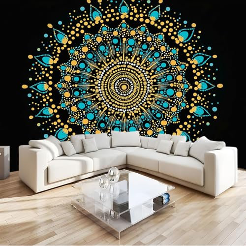 Papier Peint 3D Art De Couleur Turquoise Mandala Panoramique Peinture Murale Interieur 200x140 cm pour Salon Chambre à Coucher D'Enfant Maison Décoration Murale