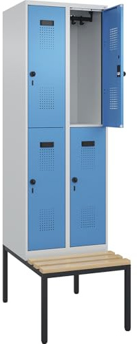 kaiserkraft | Doppelstock-Spind Evolo Plus Sitzbank | 2 Abteile | lichtgrau/lichtblau | B 600 mm | Sicherheits-Drehriegel | mit untergebauter Sitzbank | Buche