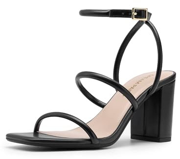 DREAM PAIRS Women Heels Chunky Square Open Toe Strappy Ankle Strap Block High Heeled Sandals for Dressy Wedding Comfortable Shoes,Size 5,Black-Pu,DWUMHS2529