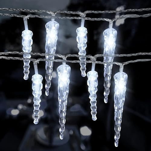 SUAVER LED Eiszapfen Lichterkette Außen und Innen, Wasserdicht 10M 80LED Eiszapfenleuchten Batteriebetrieben Eisregen Weihnachtsbeleuchtung Meteorschauer Lichte für Garten Außendeko (10m 80LED Weiß)