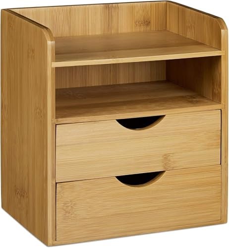 MantraRaj 4-Tier Bamboo Desk Organizer Wooden Tabletop Storage Organization Box Shelf Case Mini Small Desktop Organizer with Drawers Home Workspace Office Supplies for Office and Home