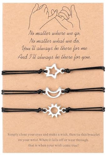 Pinky Promise - Pulsera a juego, 3 pulseras de amistad sol, luna y estrella, regalo para mejor amiga, joyería trenzada ajustable