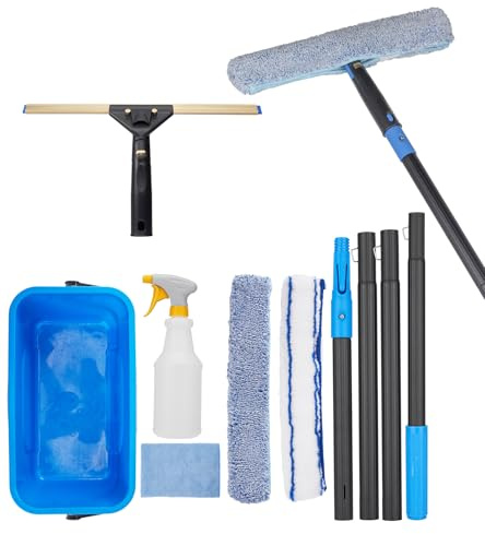 Window Cleaning Kit with Storage Bucket, Window Squeegee with 4.13ft Extension Pole, Scrubber, 20.29oz Spray Bottle,Duster Cloth