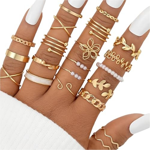 XUZOPIM 21 Pieces Knuckle Rings Set For Women Girls Snake Chain Stacking Ring Vintage Boho Midi Rings Size Mixed Finger Rings Women'S Set Finger Midi Ring Ringe Gold Set Suitable For Men And Women