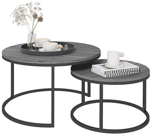 HOMCOM Lot de 2 Tables Basses gigognes, Table Basse Ronde, empilable, Design Industriel, Pieds en métal, Noir