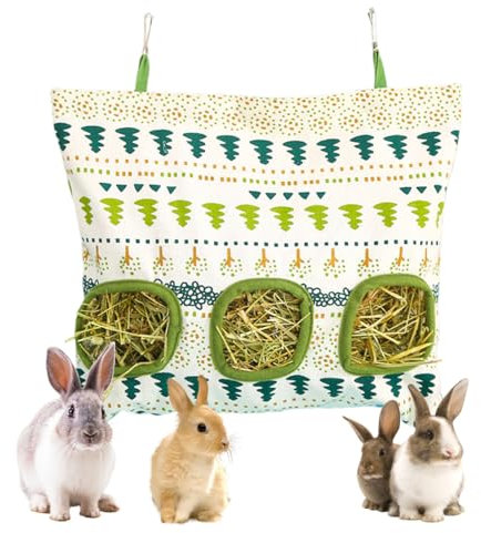 OUDQFCJ Hängender Futtersack für Kleintiere, Kaninchen Heutasche, Hasen-Futterstation Heutaschen, Meerschweinchen Heutasche für Kaninchen/Meerschweinchen/Chinchilla(DREI Loch)