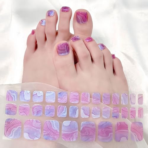 Virellay 34 Stück UV Gel Nagelfolie für Füße, Rosa Lila Nail Strips, Gel Nagelfolien für UV Lampe mit Shimmer Effect, Fußnägel Nagelfolie Selbstklebend für Frauen Mädchen Fußnagel Nagelkunst
