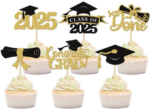 2025 Abschluss Tortendeko,30x Graduation Cake Topper, Congratulations Abschlussfeier Cupcake Topper,Bachelor Hut Deko Schwarz Gold,Grade Cap Torten Dekorationen für Graduation Abschlussparty