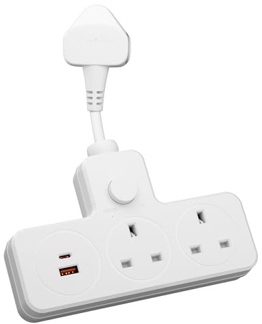 LIPWEL Extension Plug Socket 2 Way Multi Plug Adaptor UK Extension Lead with USB Slots PD20W Fast Charging, Overload Protection Switch & Surge Protected, 13A 3250W Heavy Duty for Home Corner, White
