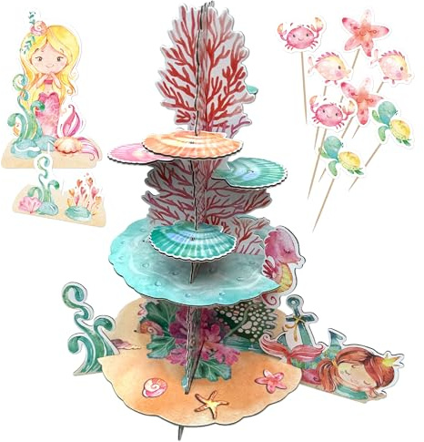 Papierdrachen Meerjungfrau Deko-Set Kindergeburtstag – Etagere und Cupcake-Topper – beidseitig bedruckt – Partyzubehör Mädchen Jungen