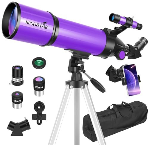 HUGERSTAR Teleskop, Teleskop für Erwachsene & Kinder & Astronomie Anfänger, 80 mm Blende, 600 mm tragbare Refraktor-Teleskope, vollständig mehrfach beschichtete Optik mit AZ Mount Stativ