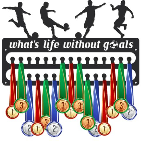 SUPERDANT What's Life Without Goals Medal Hanger Display Soccer Medal Holder Wall Mount Medals Hanging 30 Hooks Matte Black Metal Belts Display Rack Organizer Race Award Hanger