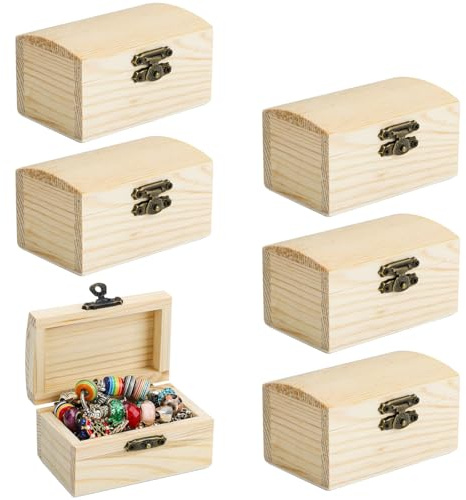 Elektheim 6 Stücke Schatztruhe, DIY Kleine Holzkiste mit Deckel Holz Schatzkisten Bastelset Schatzkiste Kindergeburtstag für Bemalen und Basteln Piratenparty Geburtstags 9 x 5 x 4.5 cm
