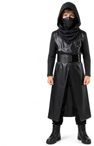 Claofoc Schwarzer Weltraumkrieger Kostüm Kinder Halloween Robe Maske Satz | 2-teilig, schwarze Robe, Gesichtsmaske, Polyester und PVC, für 105–145 cm, Halloween, Karneval, Cosplay, Schulaufführungen