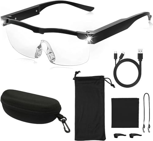 Lupenbrille Mit Licht Per USB,Lupenbrille Für Brillenträger,Vergrößerungsbrille Mit Licht,Vergrößerungsbrille Mit Led,Lupenbrillen Hands Free,Lese Lupenbrillen für Brillenträger,Wiederaufladbarem